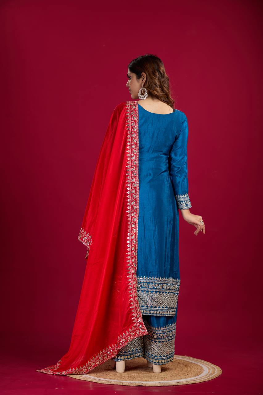 Blue-Red Chinnon Silk Embroidered  Top-Bottom And Dupatta Set Fully Stitched Ready To Wear