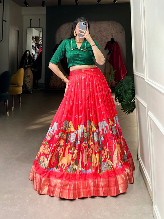 Red Timeless Elegance Dola Silk Kalamkari Lehenga Set