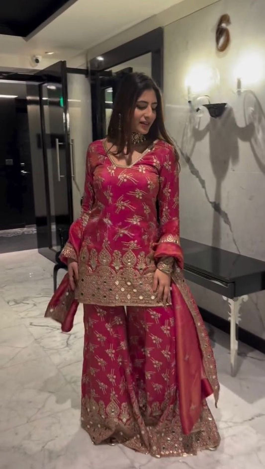 Luxury Simmer Silk Sharara Set with Real Mirror, Thread & Sequins Embroidery – Festive & Partywear