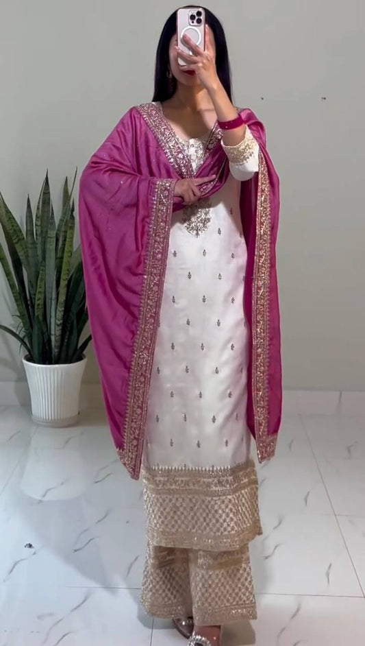 White-Rani Pink Chinnon Silk Embroidered Top-Bottom And Dupatta Set Fully Stitched Ready To Wear (Copy)