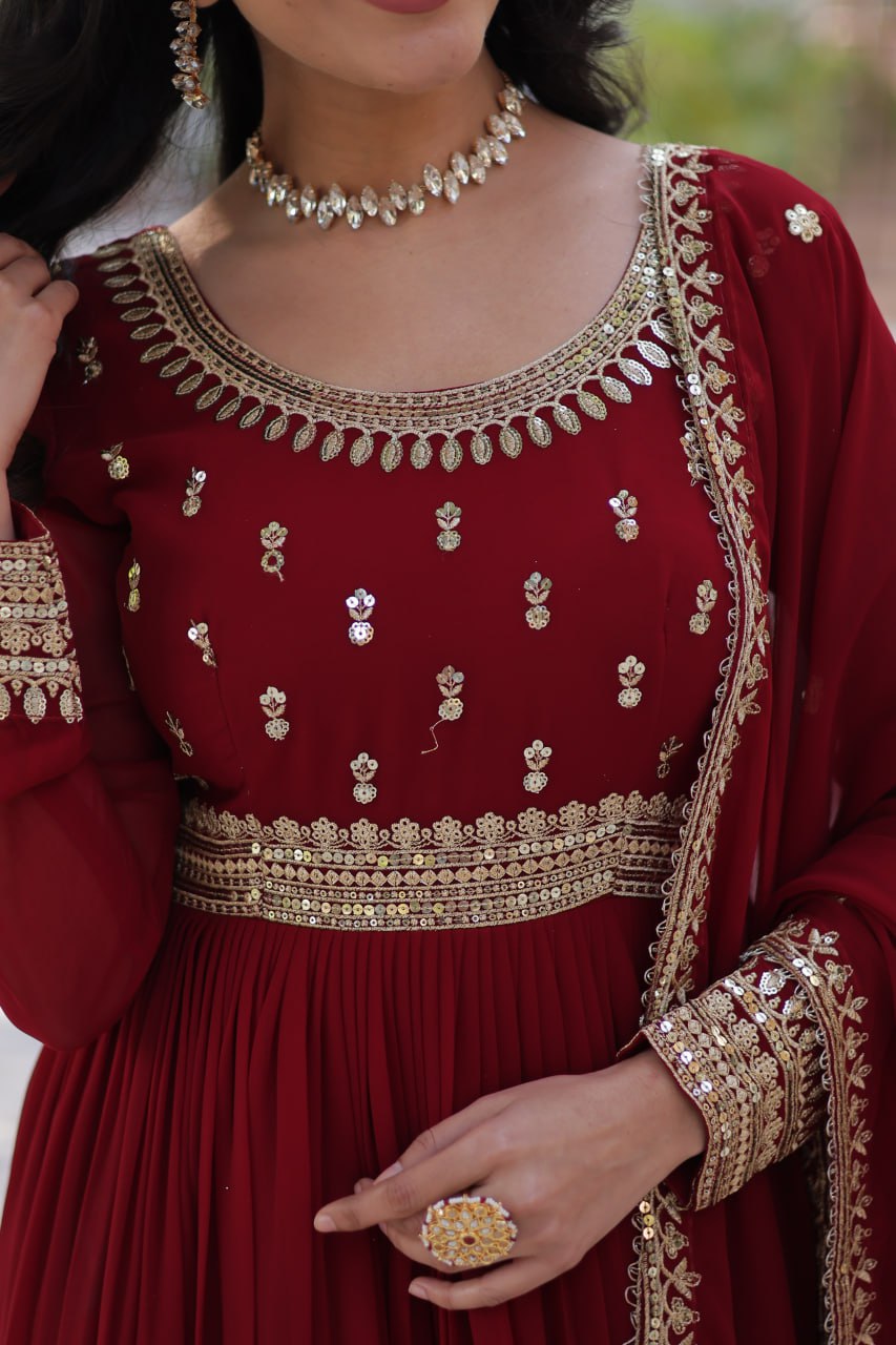 Red Faux Blooming Gown with Zari Sequins Embroidery & Dupatta | Fully Stitched Elegant Ethnic Wear for Weddings & Festive Occasions