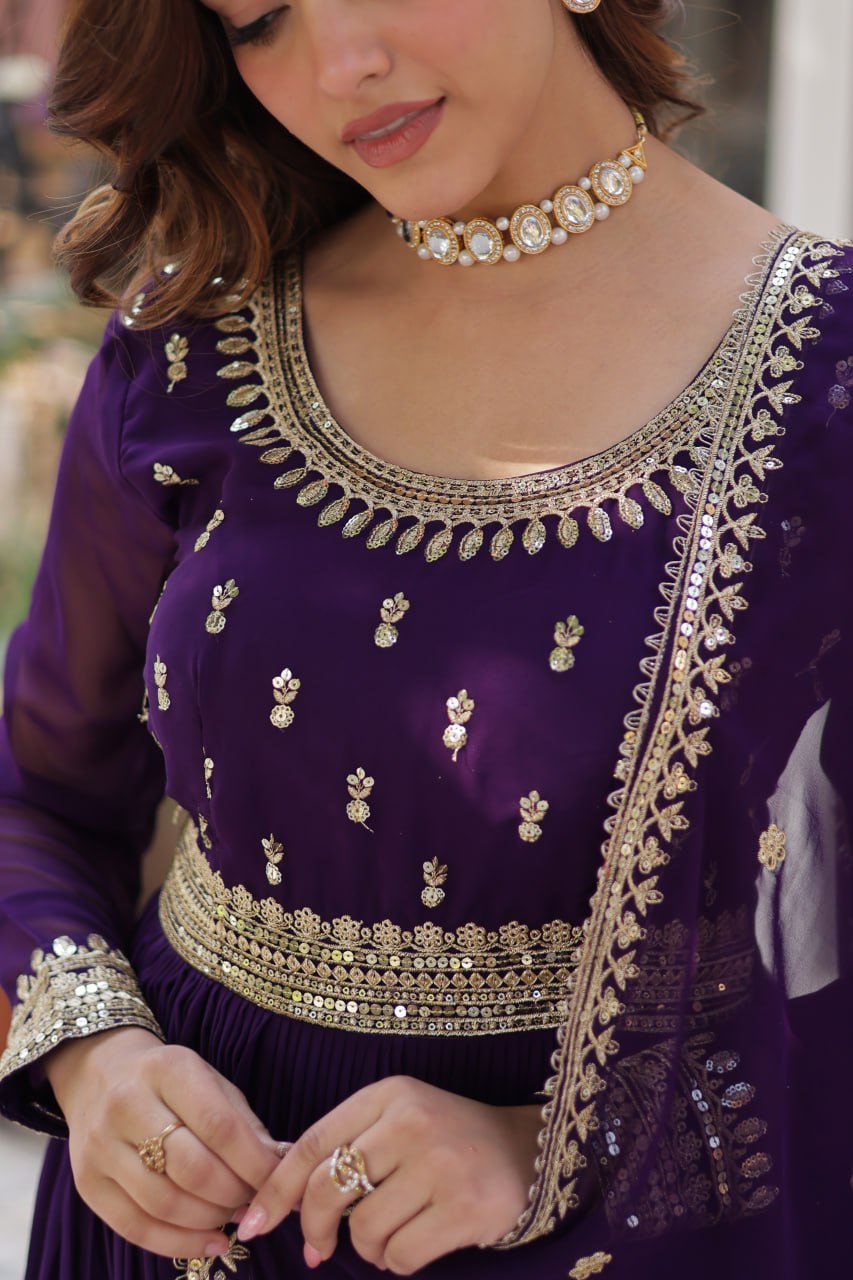 Purple Faux Blooming Gown with Zari Sequins Embroidery & Dupatta | Fully Stitched Elegant Ethnic Wear for Weddings & Festive Occasions