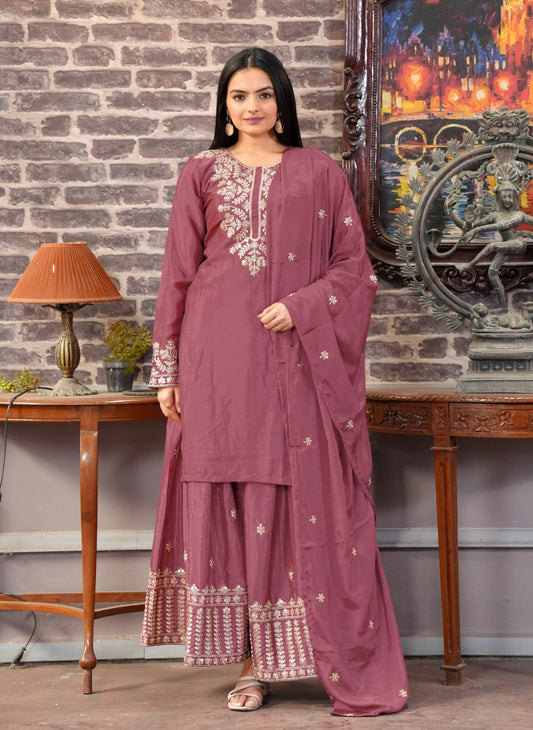 Mauve Chinon Sharara Suit with Embroidery Sequence Work | Fully Stitched Elegant Ethnic Wear