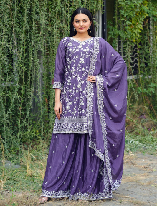 Purple Chinon Sharara Suit with Embroidery Sequence Work | Elegant Festive Wear