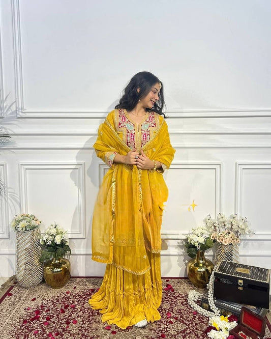 Mustard Yellow Chinon Silk Gharara Set | Elegant Festive & Party Wear