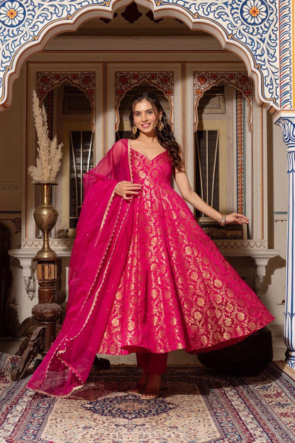 Radiant Pink Jacquard Silk Anarkali Set | Festive & Wedding Wear
