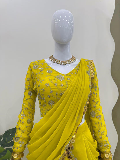 Lime Green Faux Georgette Lehenga Saree Set | Elegant Party & Festive Wear