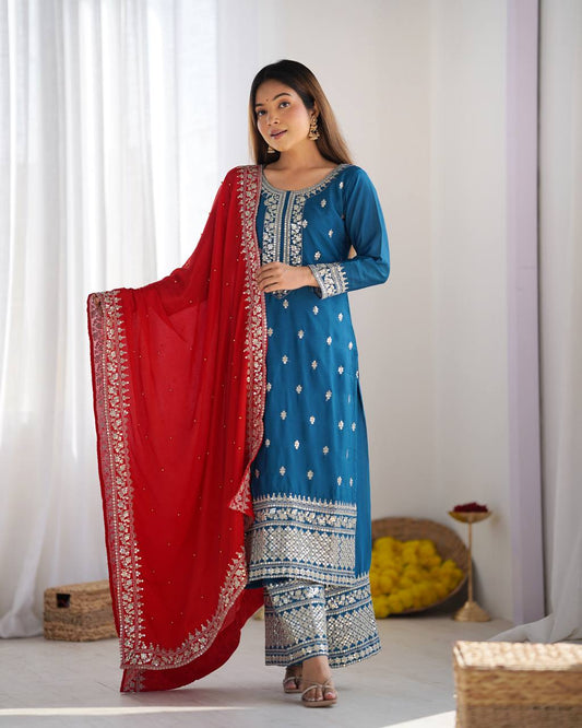 Chinnon Silk Heavy Embroidered Blue Suit Set with Dupatta – Fully Stitched Ready to Wear