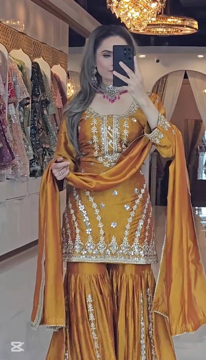 Heavy Faux Georgette Embroidered Gharara Set with Dupatta – Fully Stitched Ready to Wear