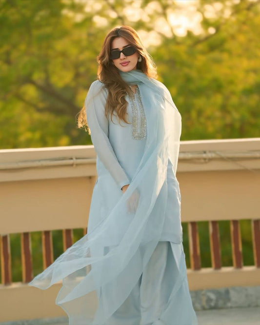 Faux Georgette Embroidered Blue Suit with Farshi Pant and Dupatta – Fully Stitched Handwork Ethnic Set