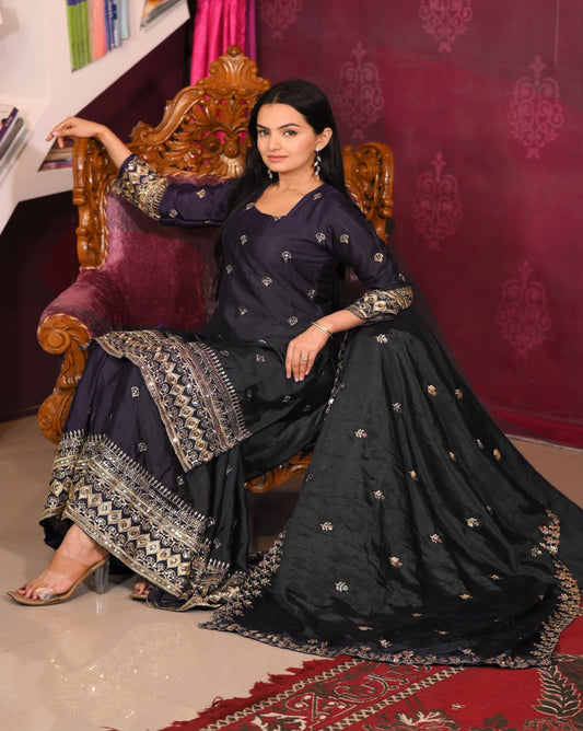 Chinon Embroidered Black Sharara Suit Set with Dupatta – Fully Stitched Ethnic Wear for Women