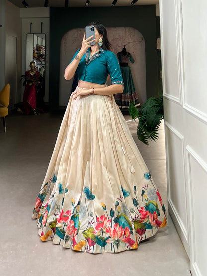 Elegant Tussar Silk Floral Print Lehenga with Handwork Mirror Blouse
