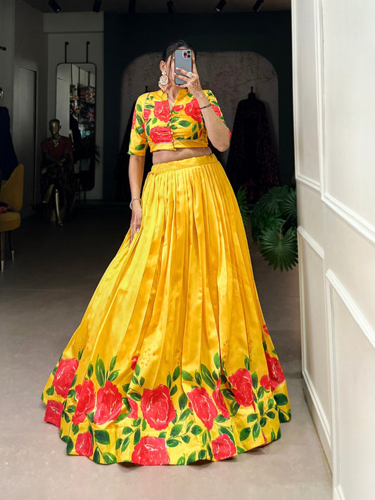 Elegant Tussar Silk Floral Print Yellow Lehenga with Lace Touch Blouse