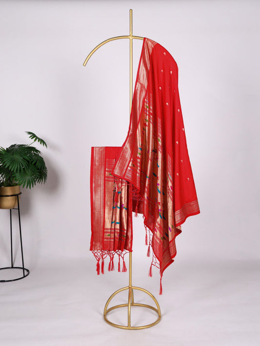 Elegant Jacquard Paithani Red Dupatta with Weaving Zari Work and Tassels