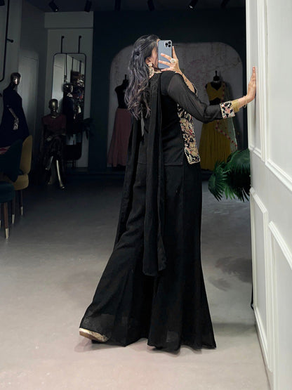 Stylish Georgette Embroidered Stitched Black Top Bottom Set with Dupatta