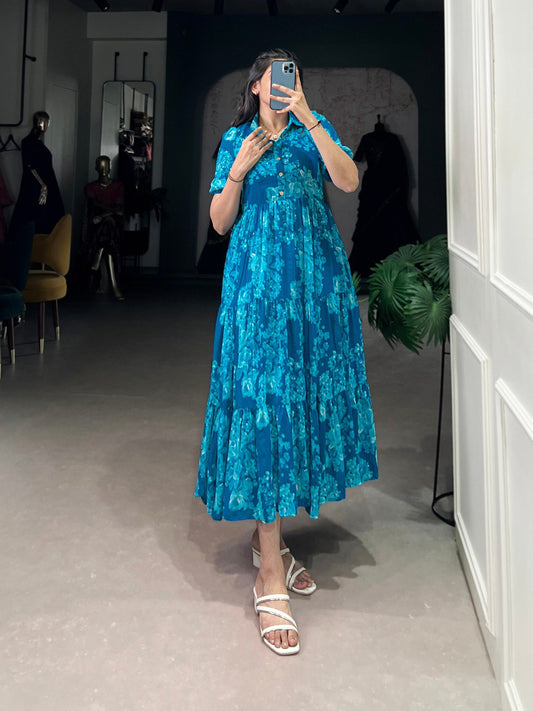 Elegant Floral Print Georgette Blue Frock for Women