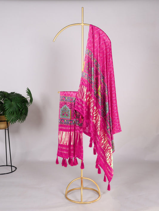 Pure Gaji Silk Digital Print Pink Dupatta with Tassels