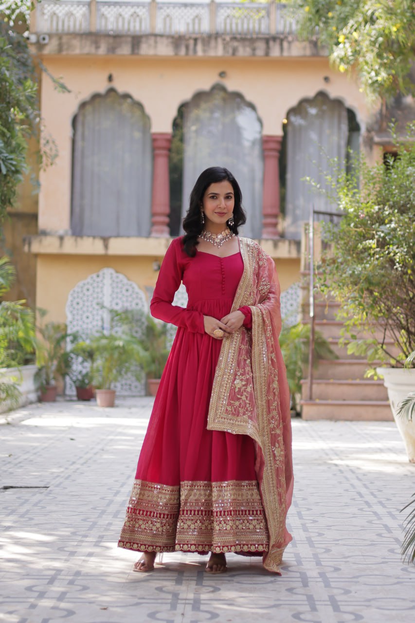 Elegant Shimmer Vichitra Silk Pink Gown with Sequins Embroidery and Fendi Dupatta Set