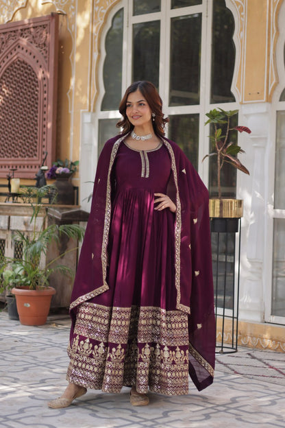 Shimmer Vichitra Gown with Sequins Embroidery and Designer Dupatta