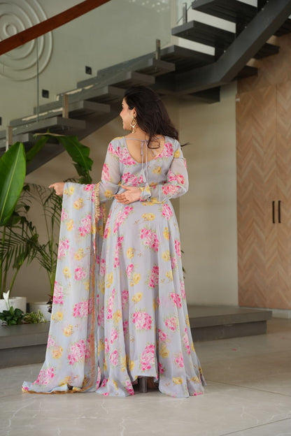 Elegant Faux Georgette Floral Digital Print Gown with Dupatta Set