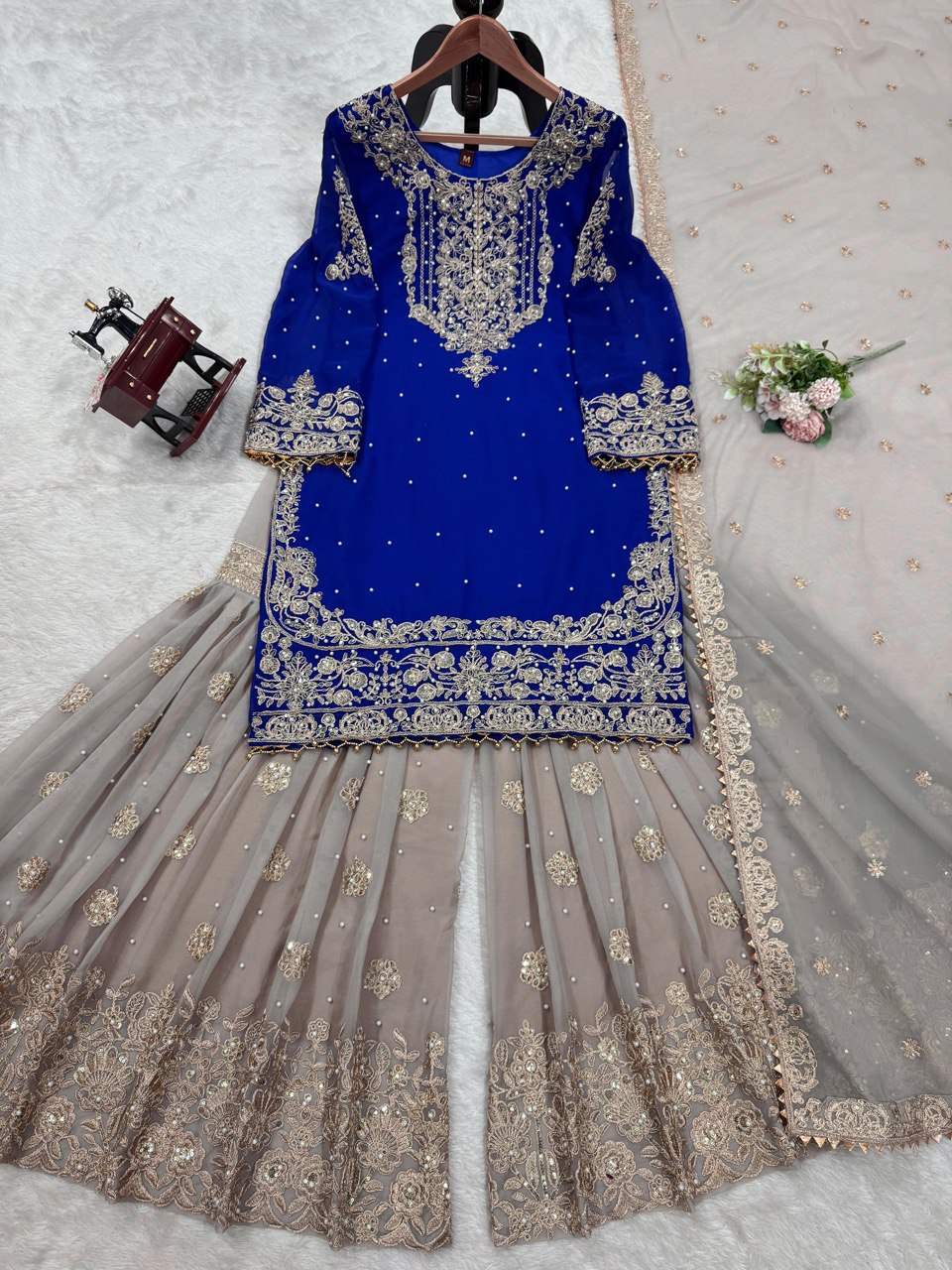 Designer Faux Georgette Blue Suit Set with Sharara & Dupatta - Coding & Sequins Work, Pearl Embellishments, and Fancy Lace
