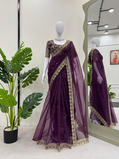 Luxury Heavy Organza Silk Saree with Thread and Sequins Embroidery and Matching Blouse – Elegant Party Wear Saree
