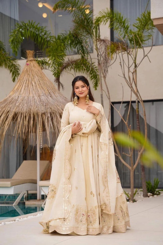 Elegant Chinon Silk Off-White Gown with Coding and Sequins Work and Matching Dupatta – Party & Festive Wear