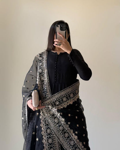 Elegant Chinon Silk Plain Suit Set with Soft Net Thread-Sequence Dupatta | Party Wear | Ethnic Fashion