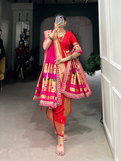 Premium Jacquard Silk Paithani Zari Weaving Red Saree Set with Dupatta | Traditional Ethnic Wear