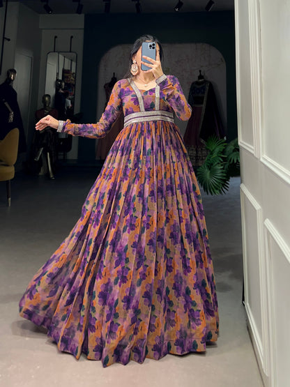 Stylish Georgette Floral Printed Gown with Lace Border and Dupatta | Party Wear and Ethnic Collection