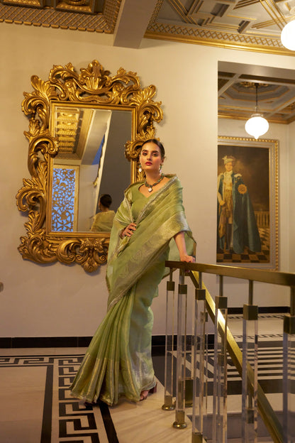 Tissue Shimmer Pista Green Saree with Zari Weaving and Sequins Lace Border