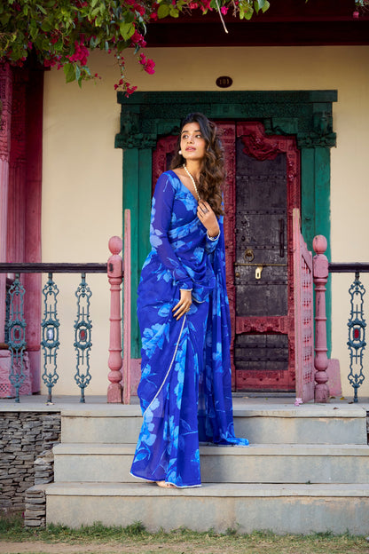 Elegant Floral Printed Blue Chiffon Saree with Pearl Lace Border and Matching Blouse
