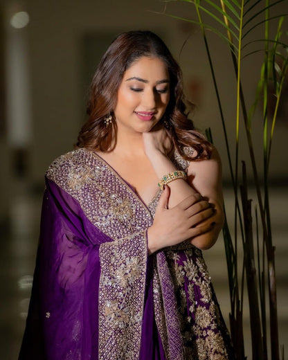 Foux Gorgette Thread Work Top with Sequins and Sharara Set