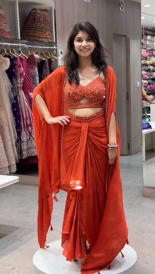 Oranage Satin Silk Thread Work Choli, Dhoti, and Shrug Set with Sequins