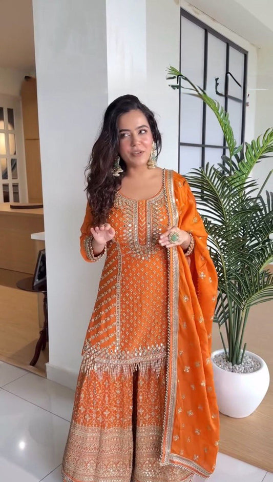 Foux Gorgette Thread Work Sharara Suit with 9mm Sequins and Dupatta