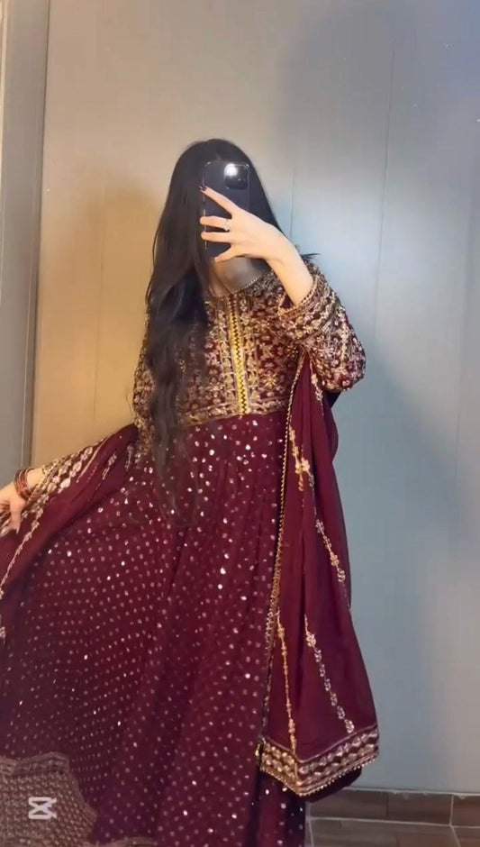 Foux Gorgette Thread Work Suit with Sequins and Dupatta