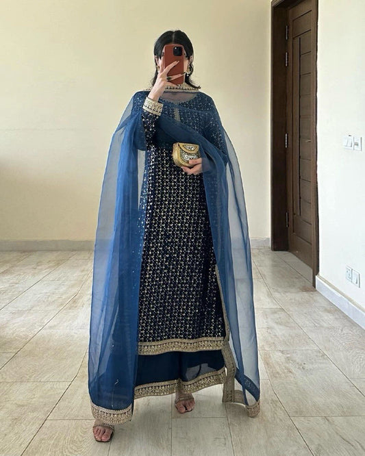 Foux Gorgette Thread Work Suit with Sequin Detailing and Butterfly Net Dupatta