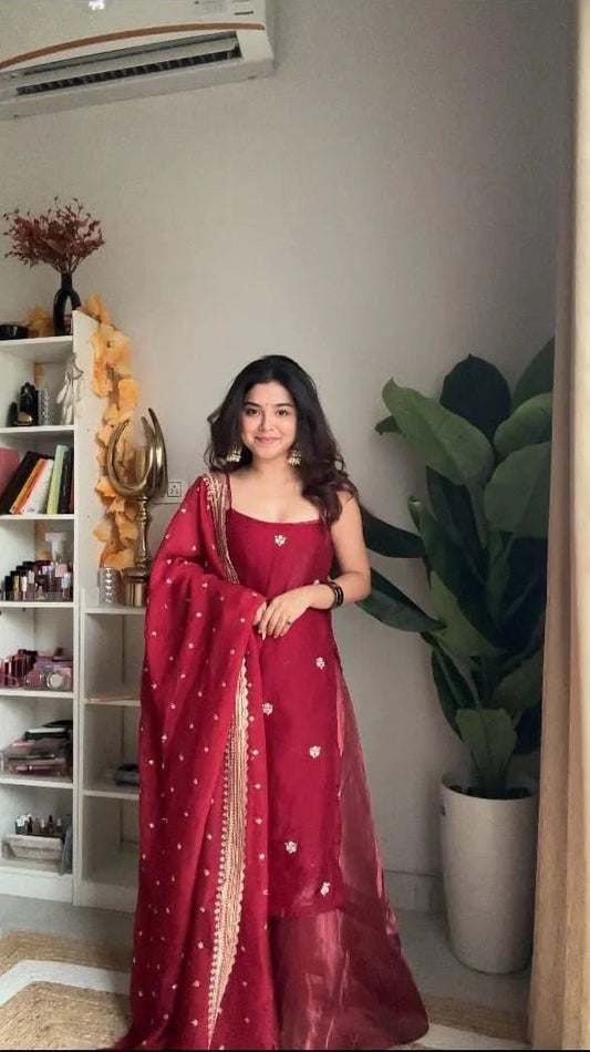 Jimi Choo Thread Work Suit with Sequins and Lace Border Dupatta