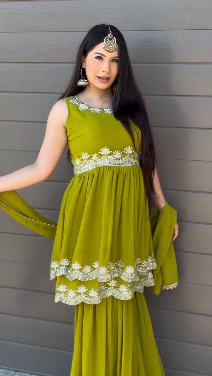 Foux Gorgette Suit with Lace Border Detailing and Plazo Set