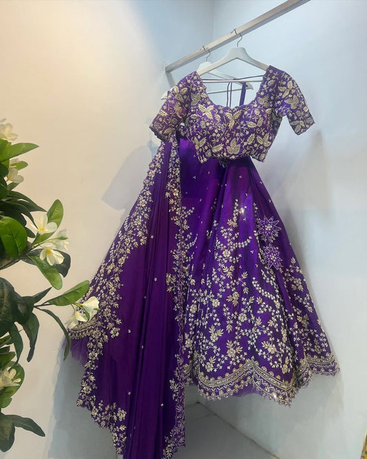 Purple Foux Gorgette Semi-Stitched Lehenga Set with 4 Meter Flair and Sequin Work