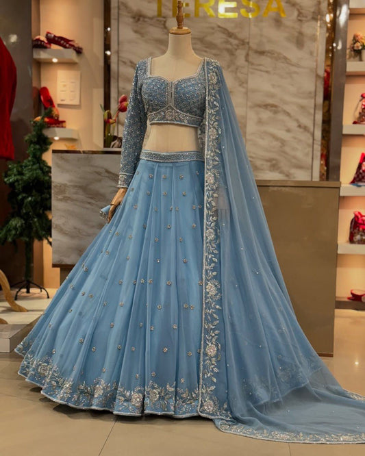 Sky Blue Fox Georgette Semi-Stitched Lehenga Set with Sequin & Rivet Moti Work