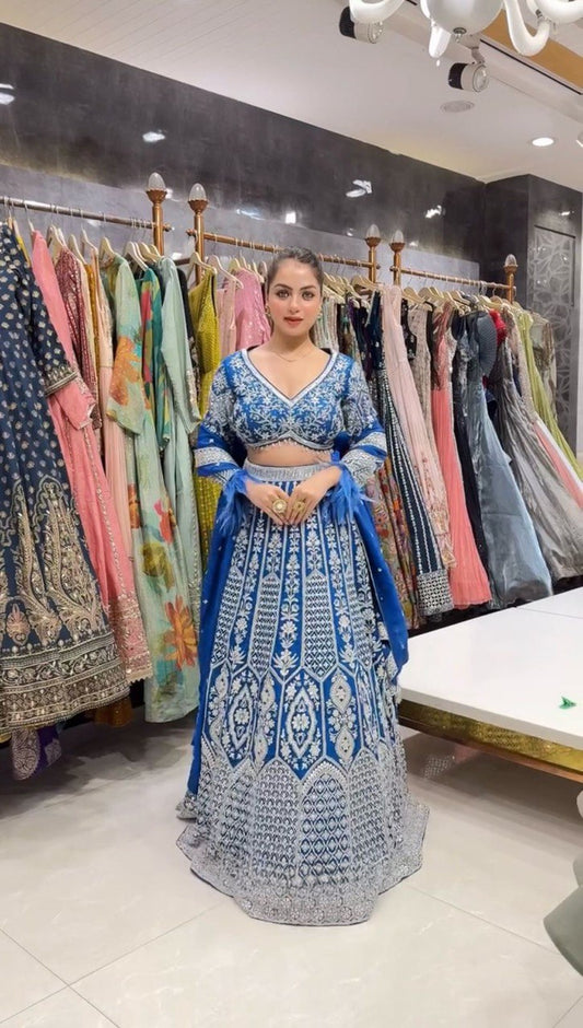 Blue Faux Georgette Semi-Stitched Lehenga Set with Coding Dori & Sequin Work