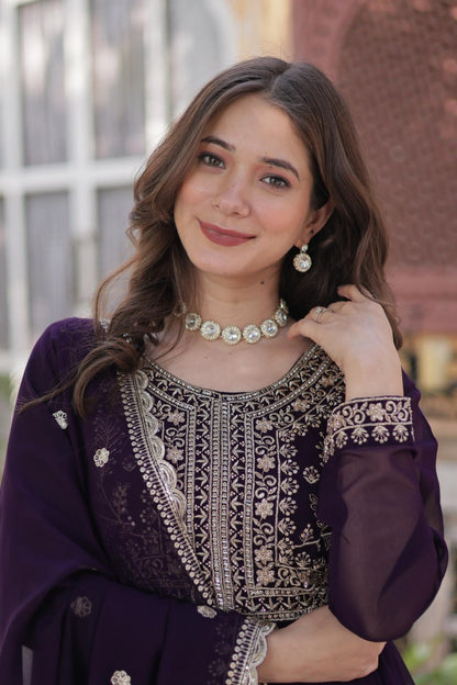 Purple Faux Blooming Georgette Gown with Pearl Embroidery & Dupatta