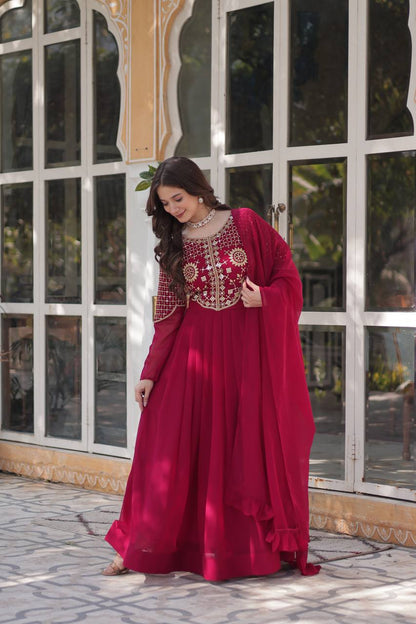 Red Embroidered Faux Blooming Georgette Gown with Dupatta