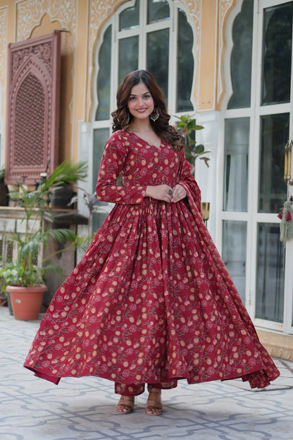 Red Pure Cotton V-Neck Suit Set with Full Sleeves & Dupatta  Product Description: