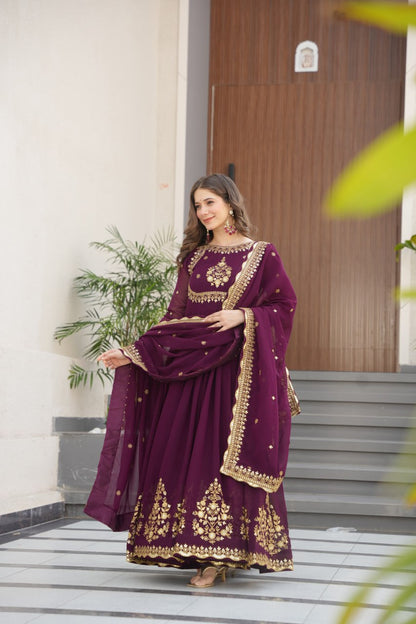 Purple Faux Blooming Georgette Embroidered Gown with Dupatta