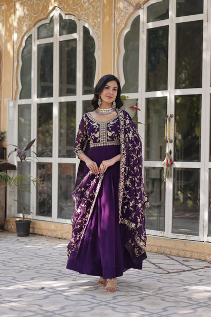 Purple Faux Blooming Multi-Sequins & Zari Embroidered Gown with Dupatta