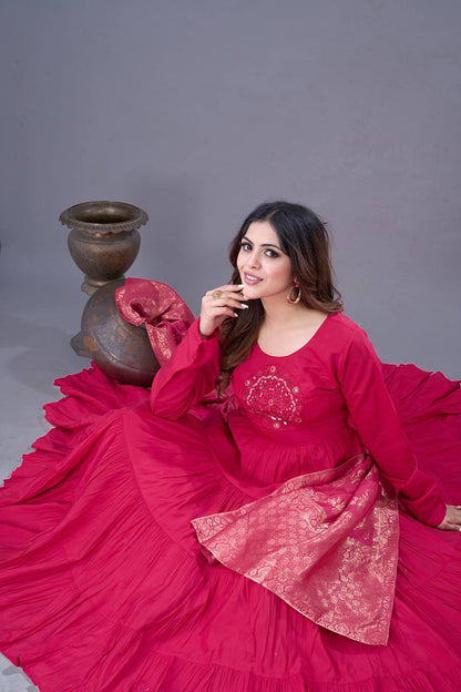Elegant Rani Pink Roman Silk Gown Set | Festive & Wedding Wear