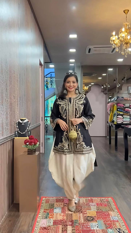 Heavy Black Chinon Silk Embroidered Dhoti Style Suit with Rivet Moti Dupatta – Fully Stitched