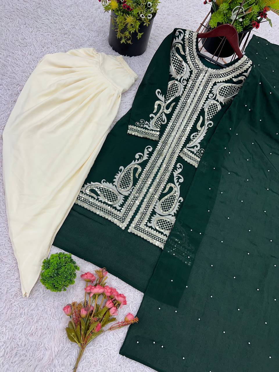 Heavy Green Chinon Silk Embroidered Dhoti Style Suit with Rivet Moti Dupatta – Fully Stitched